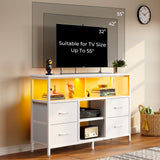 TV Stand with Power Outlets and LED Light, 4 Fabric Drawers Entertainment Center