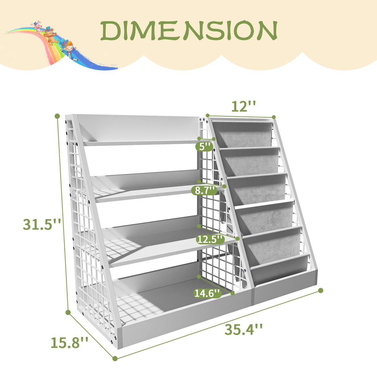 4-Tier Kids Wooden Bookshelf | Sling Bookcase & Toy Organizer