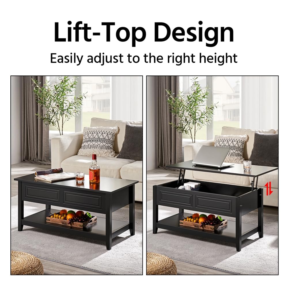 Lift Top Coffee Table with Hidden Compartment and Open Storage Shelf