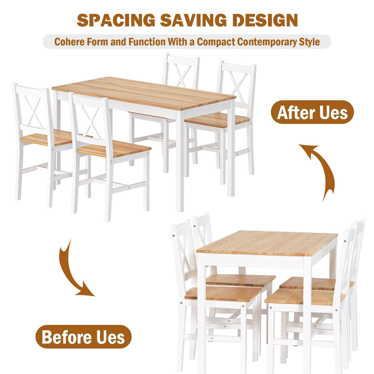 SogesPower 4-Person Dining Table Set 5 Pieces, Wood Kitchen Table Set with 4 Chairs for Kitchen Dining Room Restaurant, White&Oak