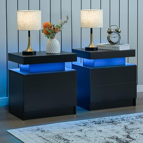 i-aplus Nightstand Set of 2 LED Nightstand with 2 Drawers, Bedside Table