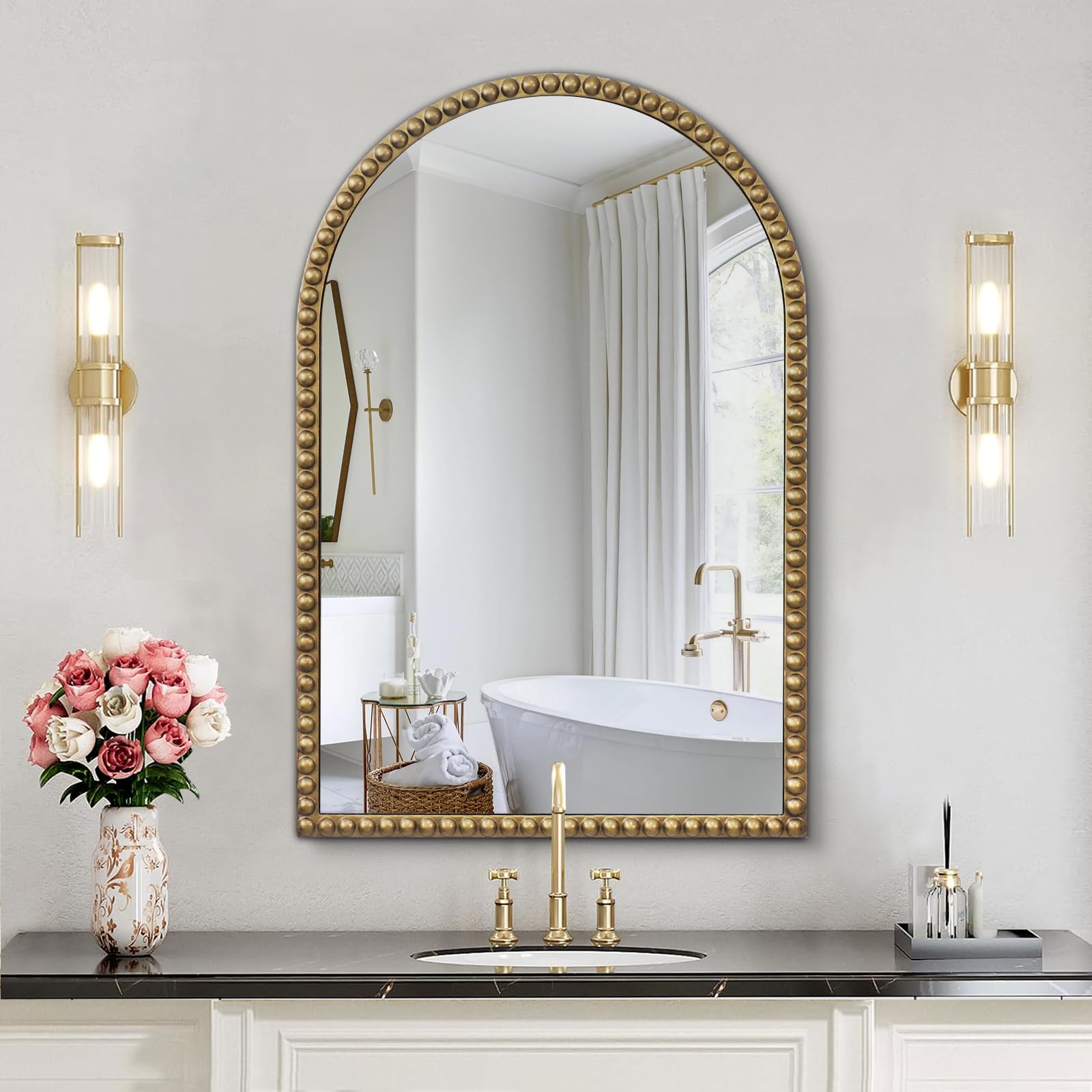 Beaded Frame Arch Wall Mirror, Vintage Gold Bathroom Vantity Mirror