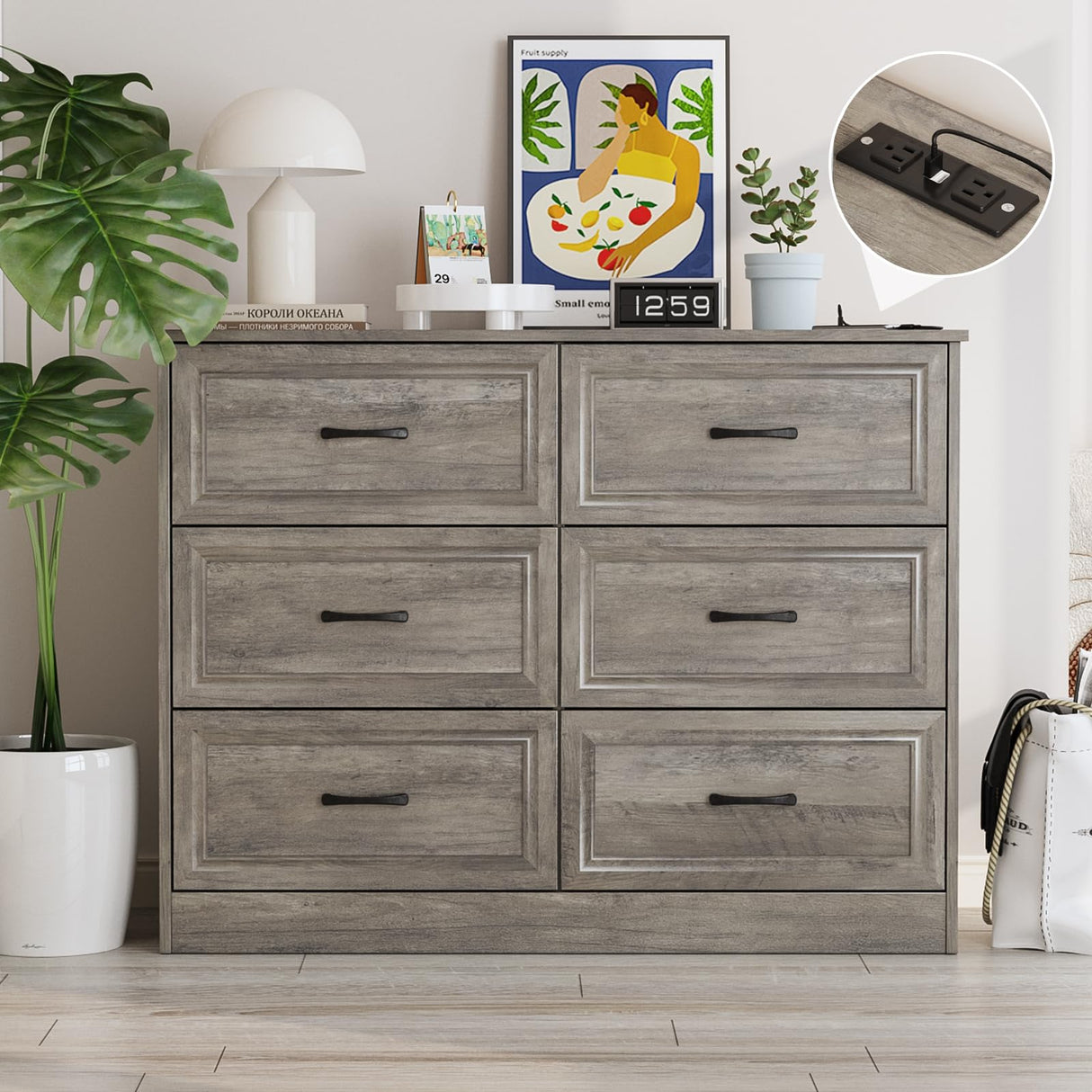 Dresser for Bedroom, 6 Drawer Wide Dresser Organizer with Charging Station