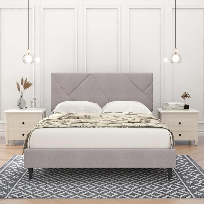 Queen Size Platform Bed Frame, Sqaure Upholstered Bed Frame with Headboard