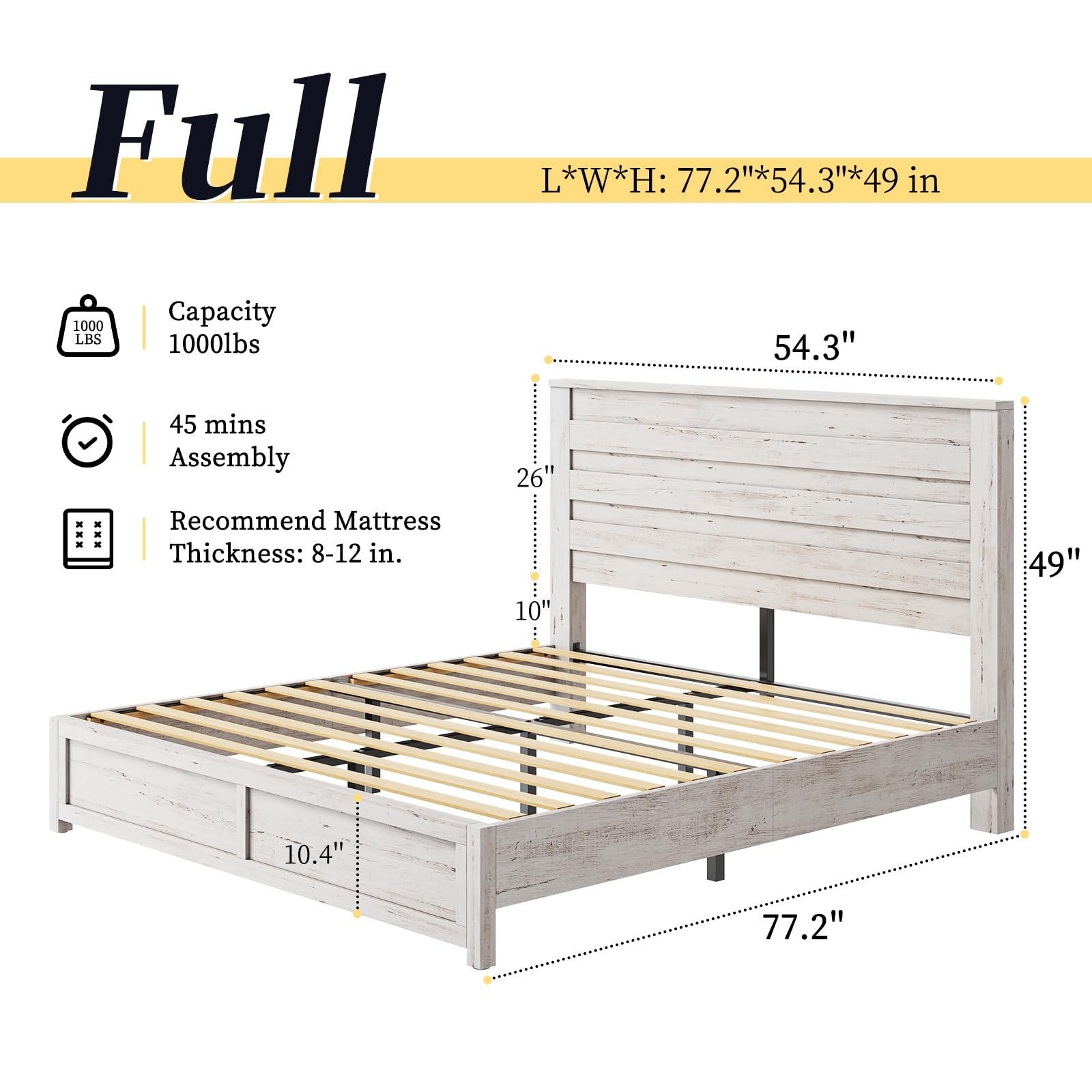 Farmhouse Full Bed Frame with 49" Tall Headboard, Wooden Platform Bed with Hidden