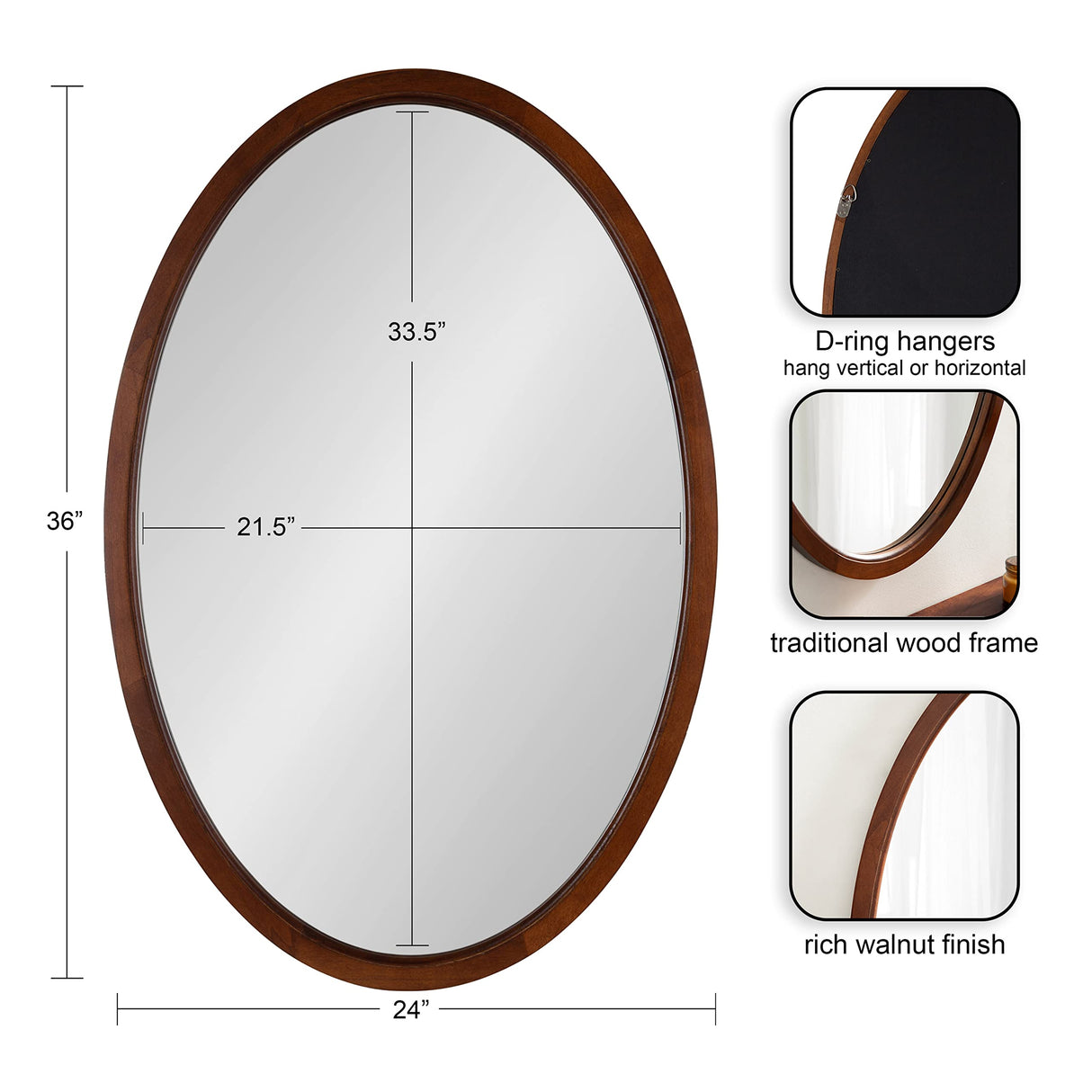 Hogan Farmhouse Oval Framed Wall Mirror, 24 x 36, Dark Walnut, Decorative Traditional