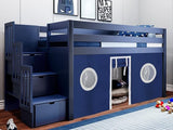 Contemporary Low Loft Twin Bed with a 3 Drawer Stairway, Blue with Blue & White Tent