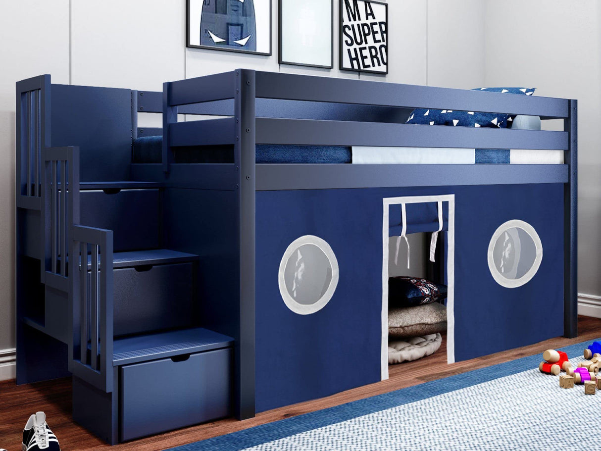 Contemporary Low Loft Twin Bed with a 3 Drawer Stairway, Blue with Blue & White Tent