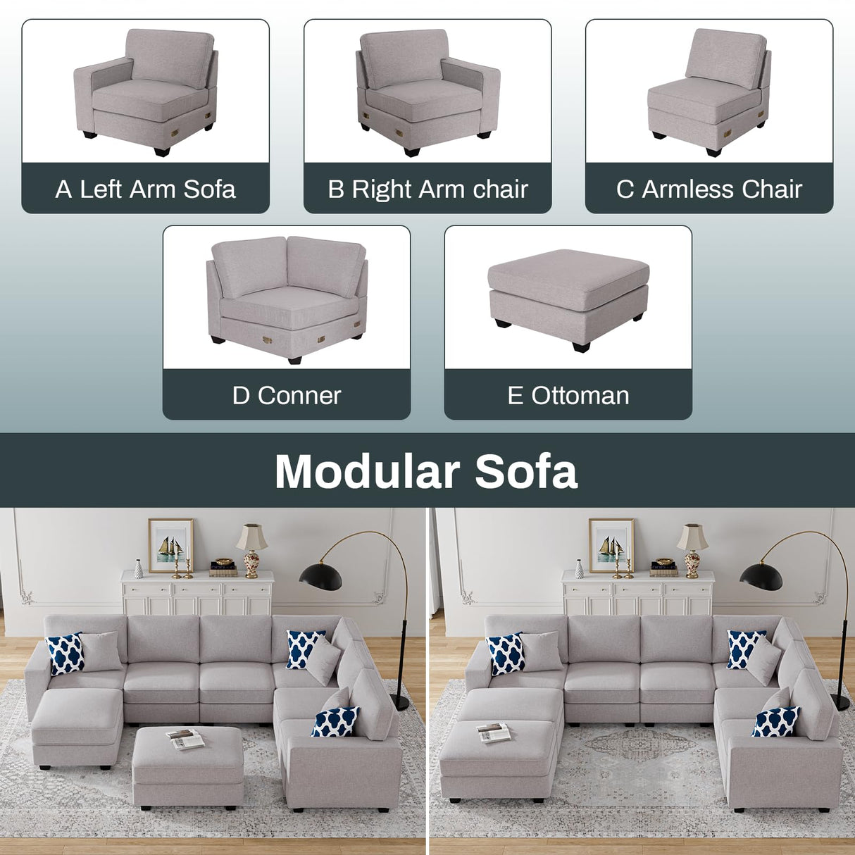 Modular Sectional Sofa U Shaped Sofa Couch with Ottoman Modern