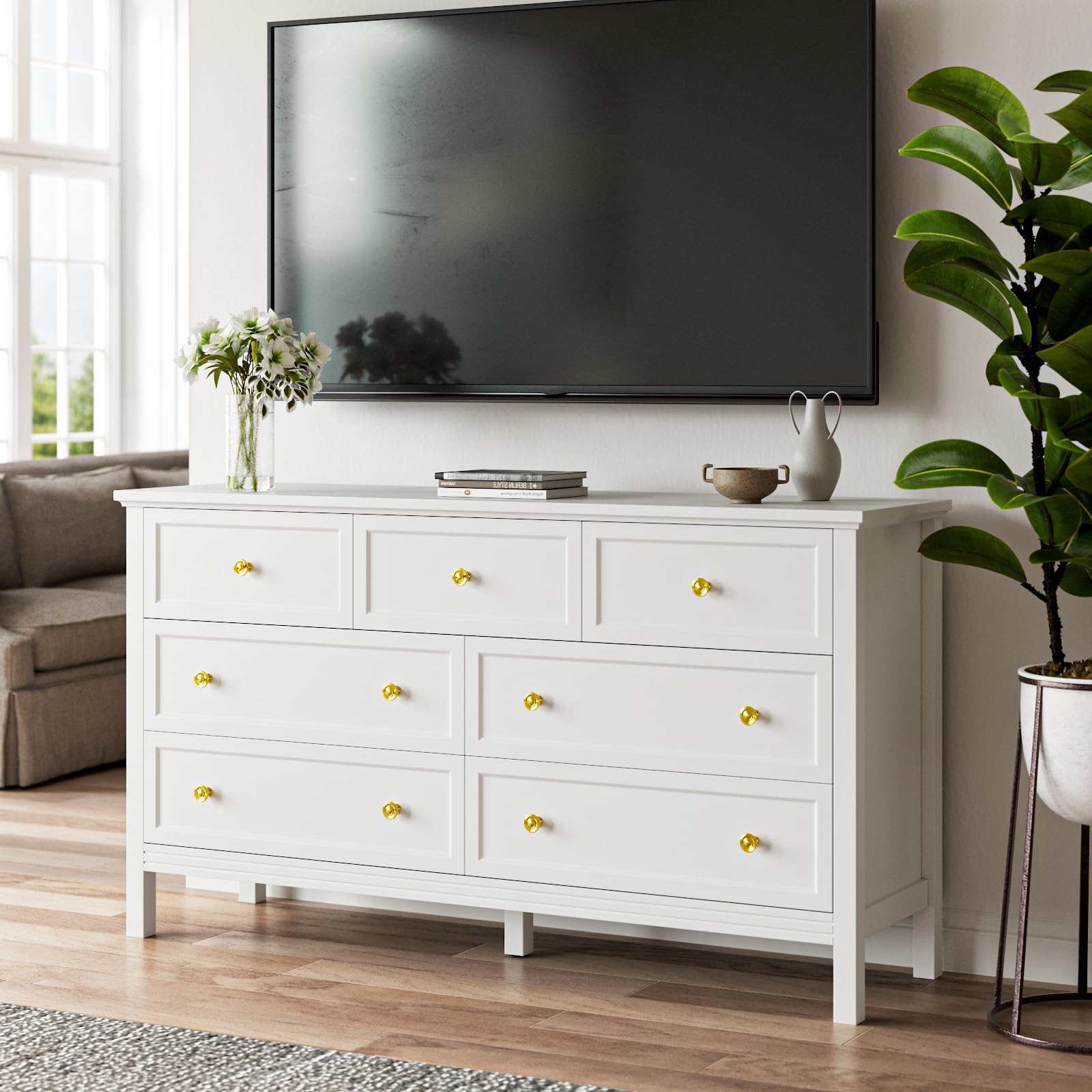 White Dresser for Bedroom with 7 Drawers, 55'' Large Wood Dresser