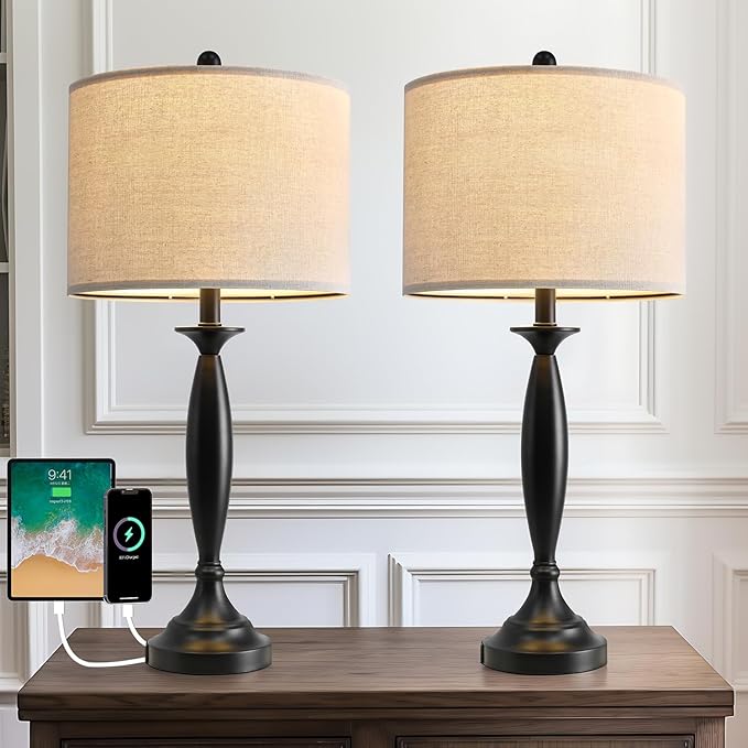 3 Way Dimmable Touch Control USB Table Lamp Set of 2 28“Modern Industrial Metal Bedside