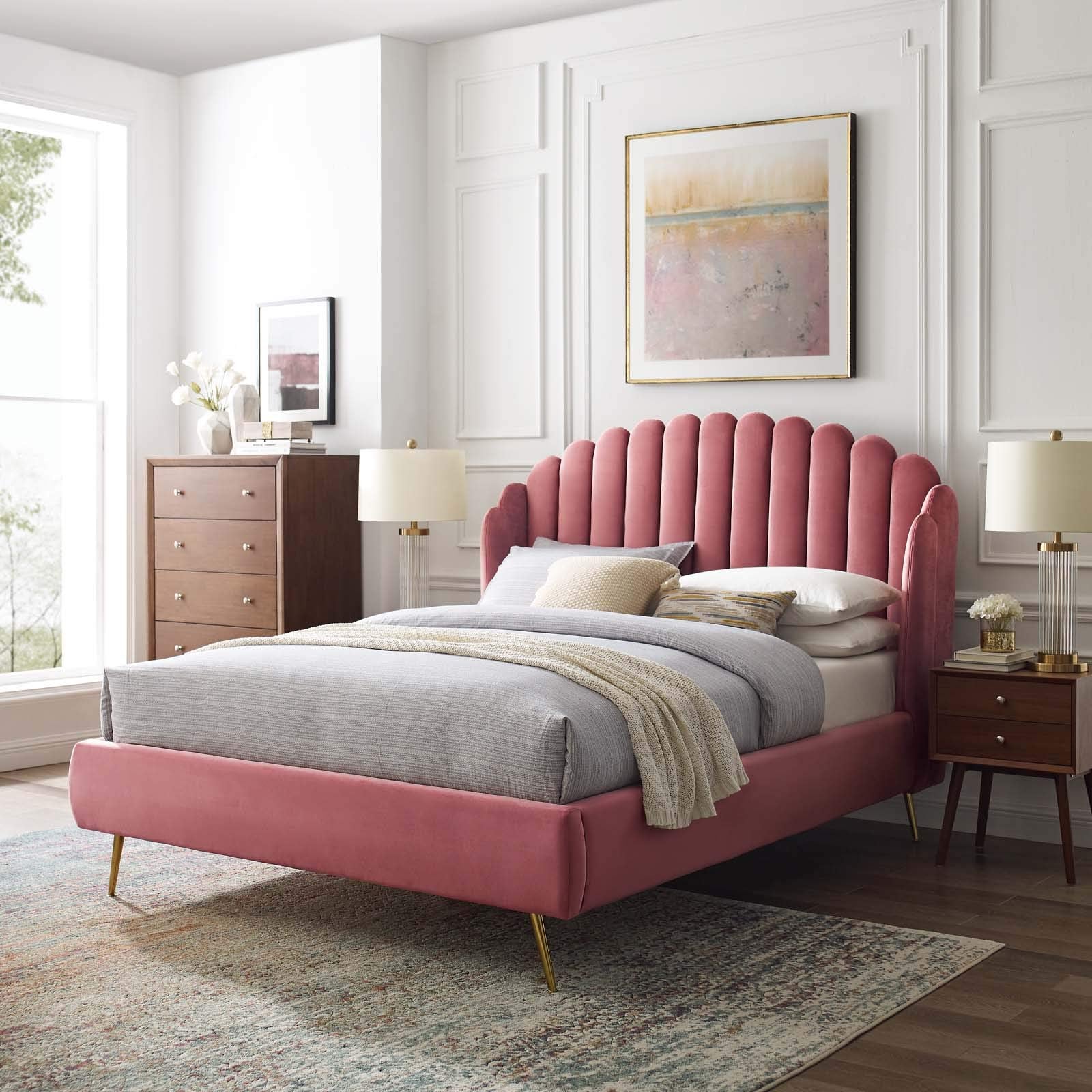 Lana Queen Wingback Platform Bed - Dusty Rose Velvet