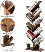Tree Bookshelf, 9-Shelf Floor Standing Bookcase, Space Saving CDs/Albums/Books Holder for Living Room, Home Office, Book Organizer w/Anti-toppling Device (Rustic Brown)