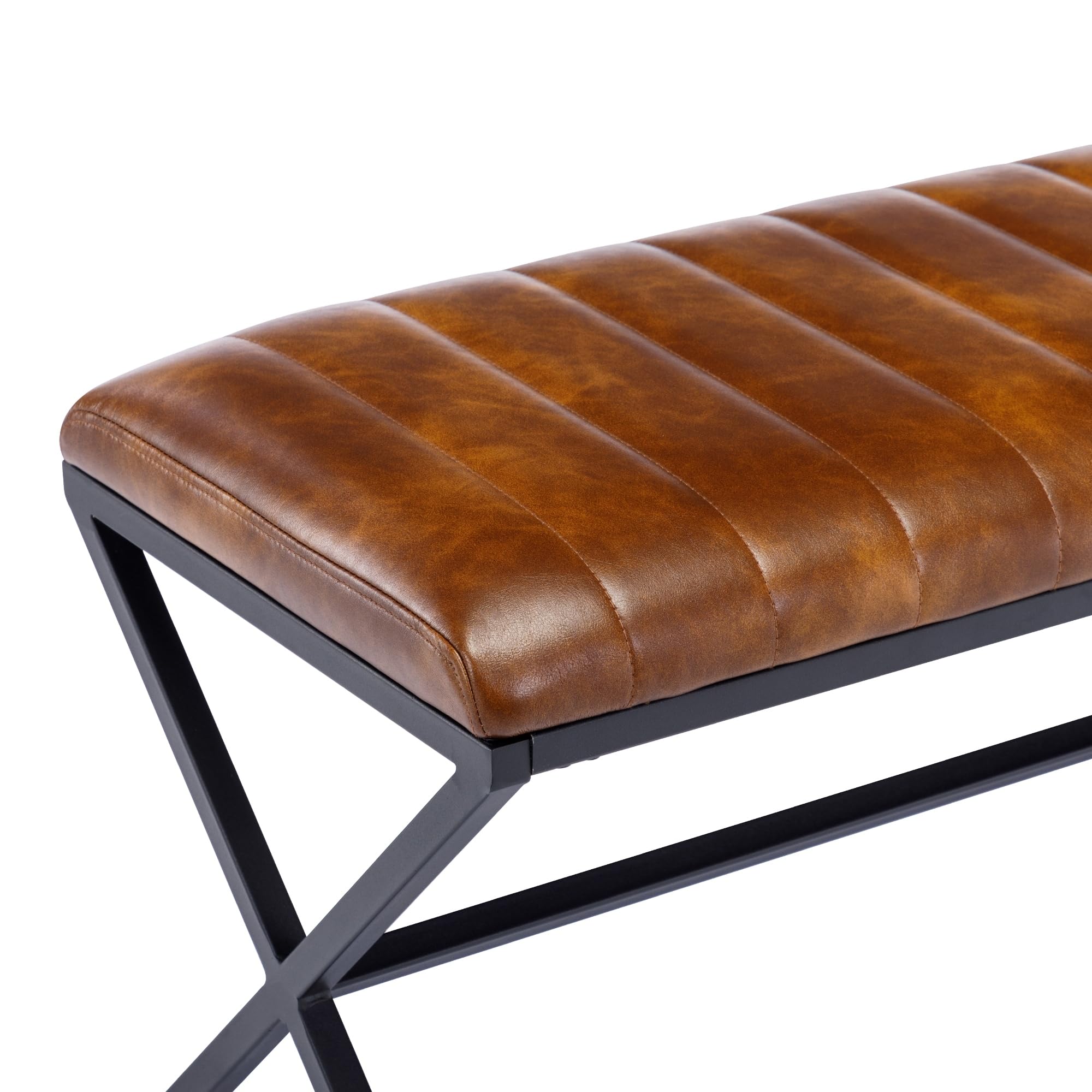 Leather Upholstered Dining Bench with Metal X Legs Yellowish Brown