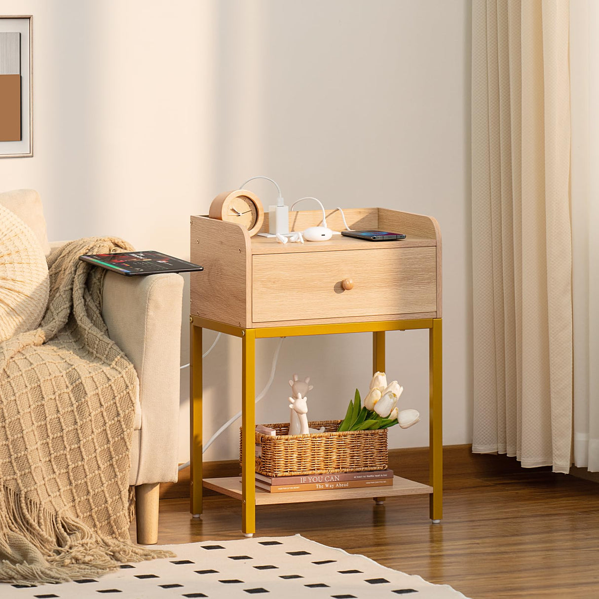 Nightstand with Charging Station and USB Ports, Natural Night Stand with Storage Drawers