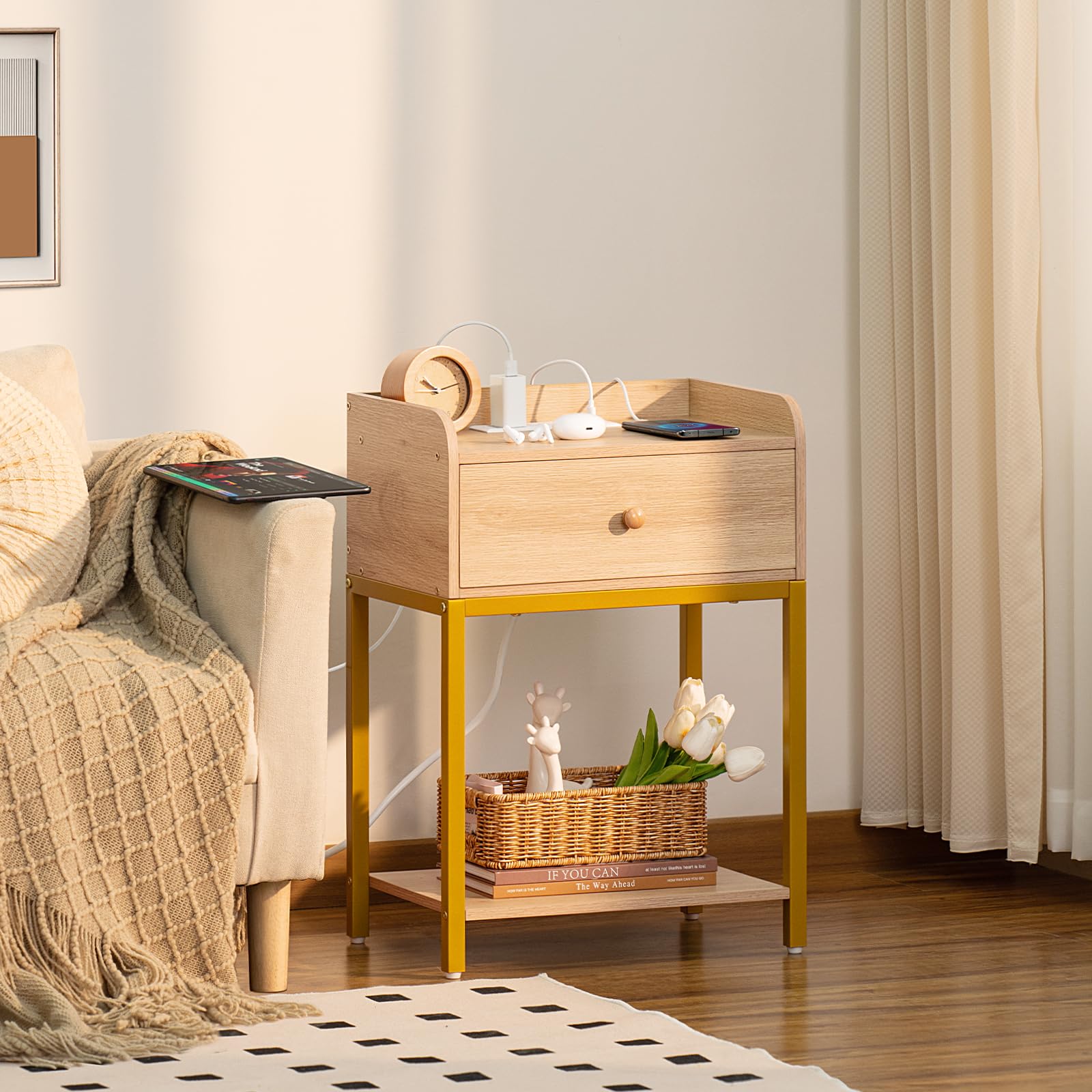 Nightstand with Charging Station and USB Ports, Natural Night Stand
