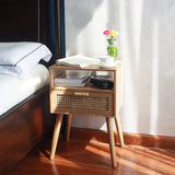 Modern Nightstand Rattan Side End Table with Storage, for Living Room, Bedroom and Small Spaces,