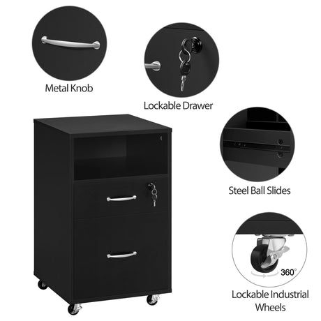 File Cabinet, Under Desk Vertical Cabinet with 2 Drawers and Open Compartment