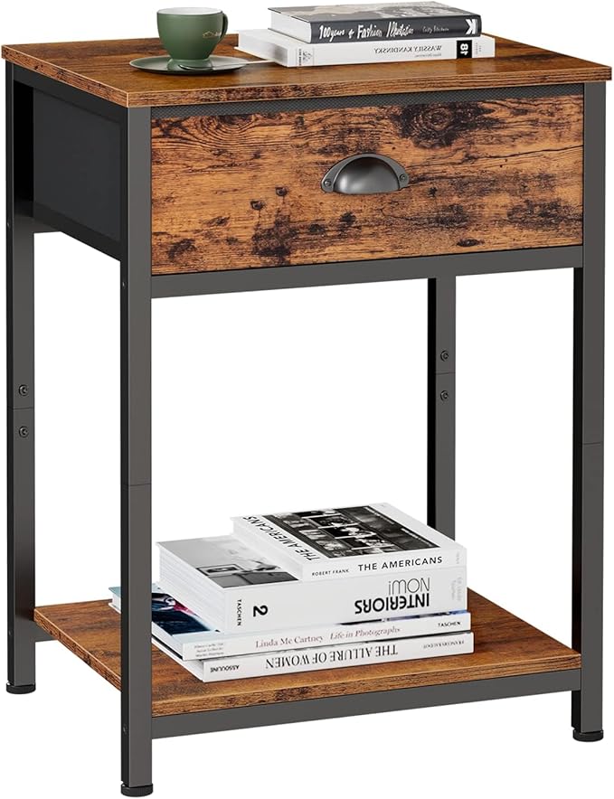 Nightstands Set of 2, Industrial End Table with Fabric Drawer and Storage Shelf, Retro Bedside Tables Organizer, Side Table for Living Room Bedroom, Rustic Brown