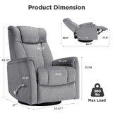 BedsPick Swivel Recliner Chair for Adults, Rocker Recliner Chair, Ergonomic Upholstered 360°Swivel Reclining Sofa, Glider Recliner Chair for Living Room, Bedroom, Nursery, Home Theater (Light Grey)