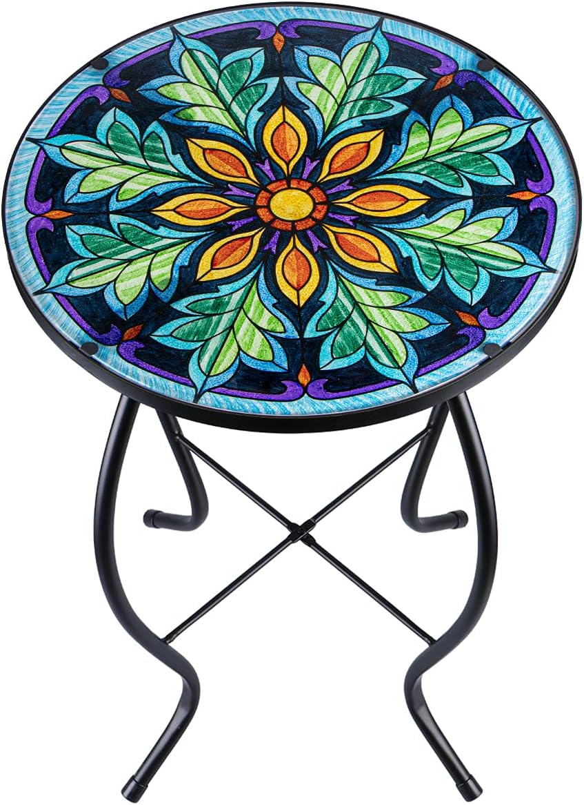 Outdoor Side Table Mosaic End Table Patio Side Table Small End Table Glass Top Round