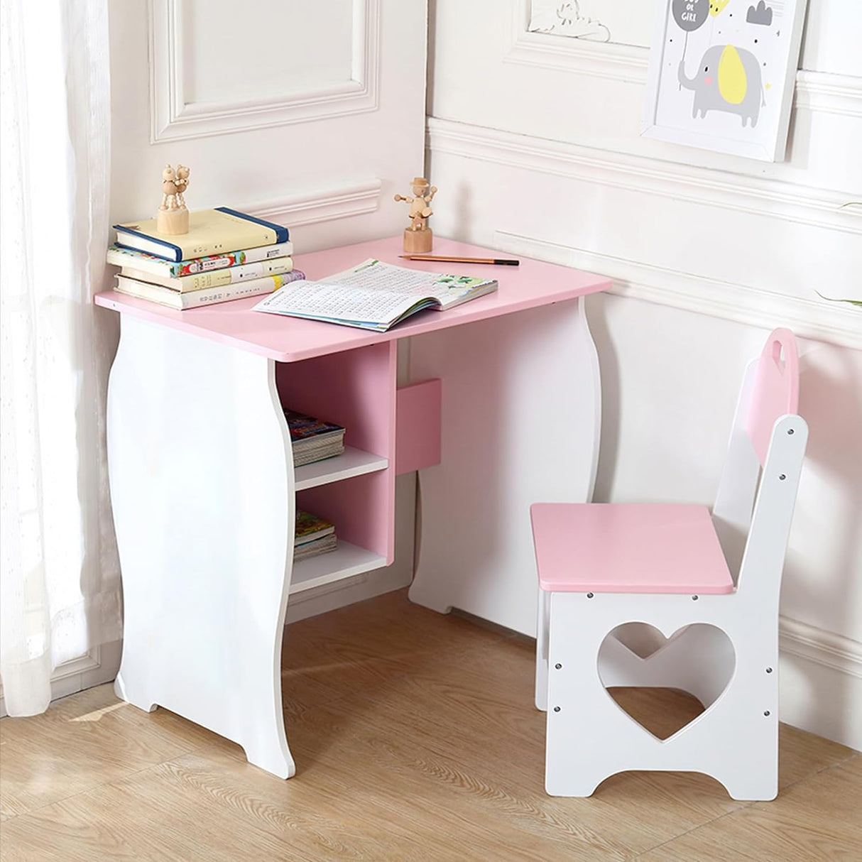 Kids Desk and Chair Set, Children Study Desk with Storage Shelf