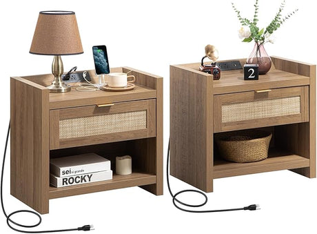 Night Stand Set of 2 - Rattan Nightstands with Type-C Charging Station, 2 Rattan Drawers