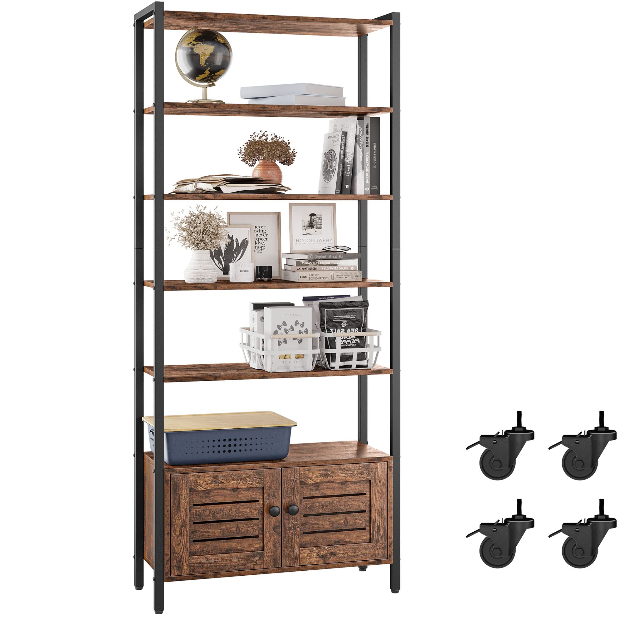Bookshelf and Bookcase with 2 Doors and 5 Shelves, 27.6" W Standing Storage Cabinet