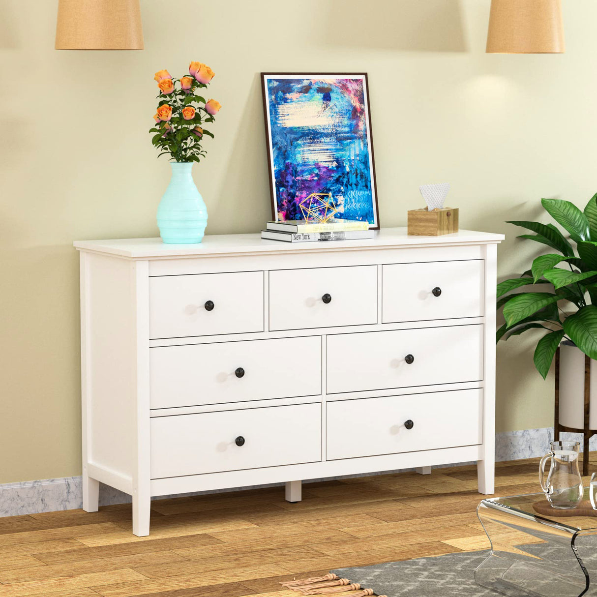 CARPETNAL White dresser, Modern Dresser for Bedroom, 7 Drawer Double Dresser with Wide Drawer and Metal Handles, Wood Dressers & Chests of Drawers for Hallway, Entryway.