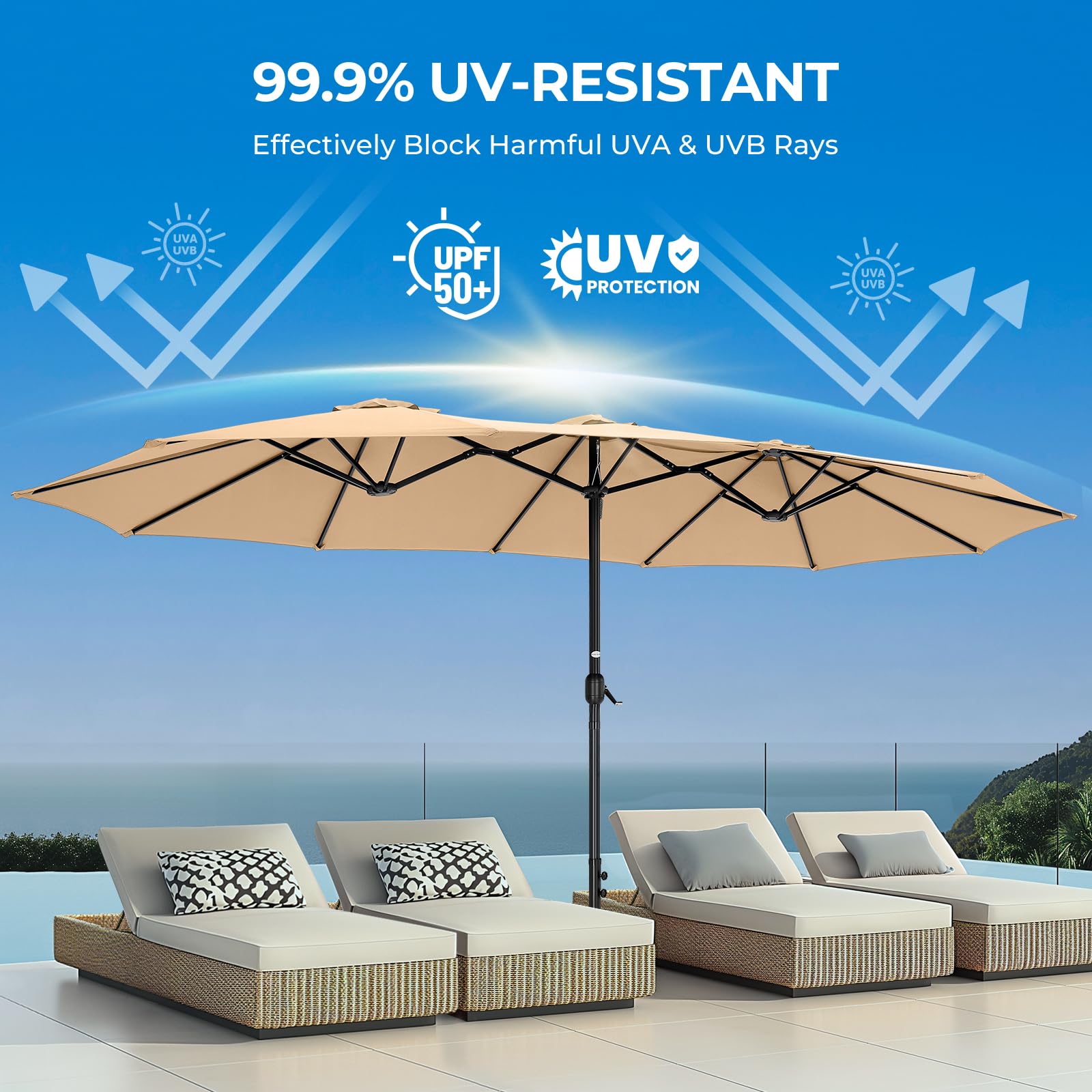 Double Sided Patio Umbrellas - 15ft Outdoor Extra Large Market Table Umbrella with Base Included,