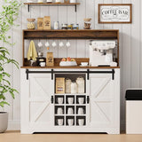 Coffee Bar Cabinet, Sliding Barn Door & Adjustable Shelves, 47" Farmhouse Coffee Bar