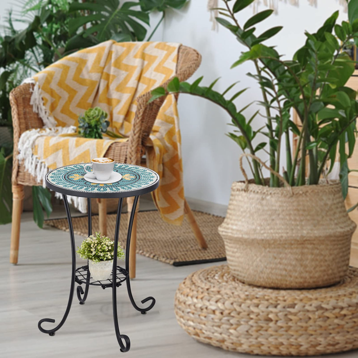 Outdoor Side Table Mosaic Patio Table Accent Tables Mosaic Tile Top Metal Frame Small