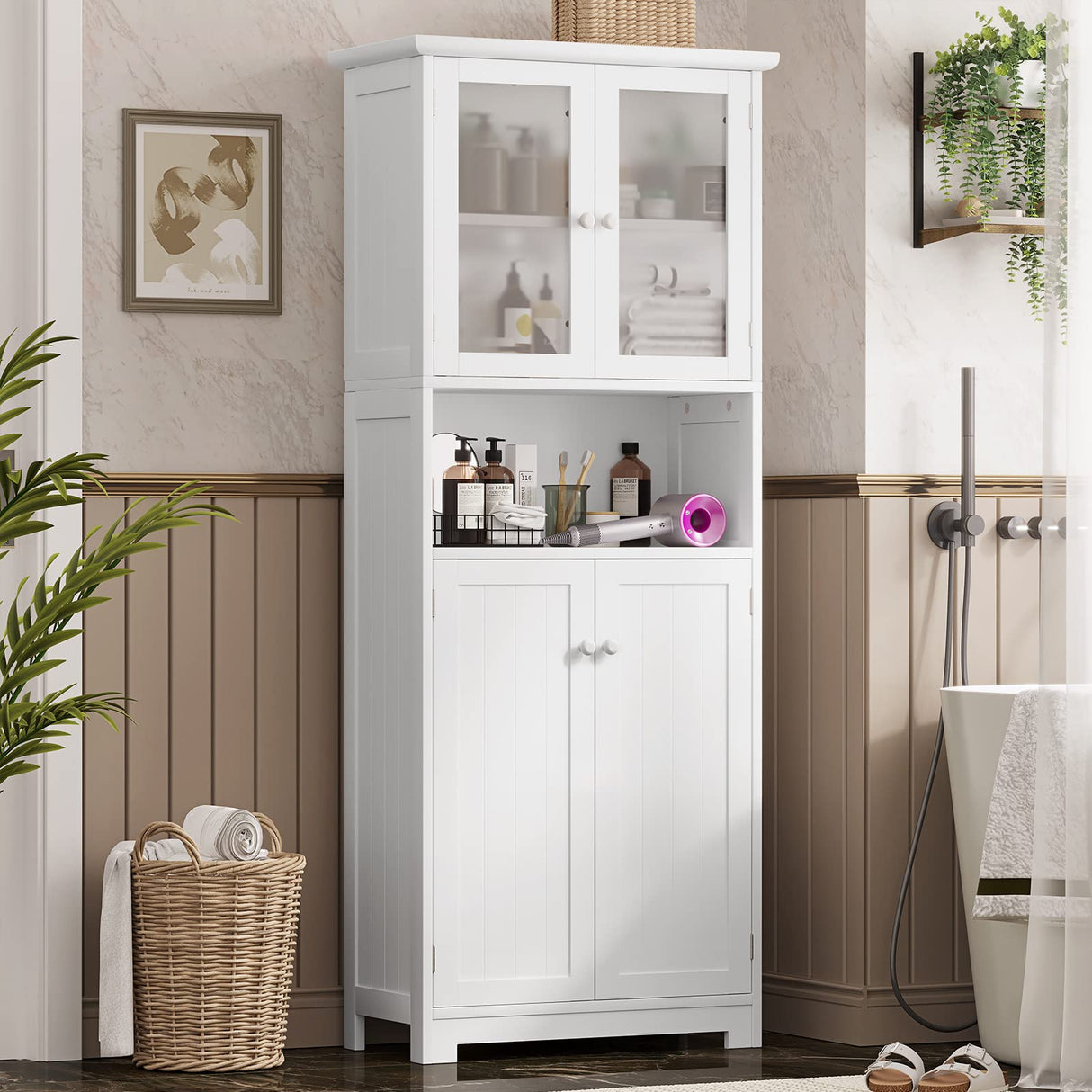 Tall Bathroom Storage Cabinet, Large Floor Cabinet with Open Compartments and 2