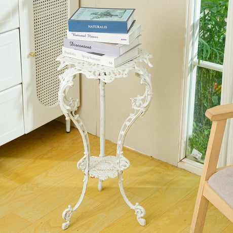 Heavy-duty Cast Iron Plant Stand Patio Side Table, 15.3" Wide 27.5" Tall 2-layer Potted Pedestal