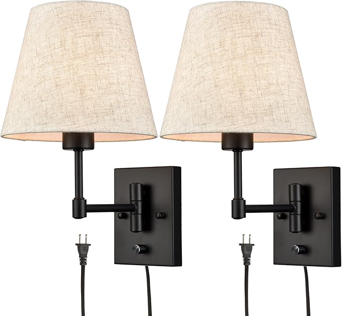 Gold Plug-in Wall Sconces Set of Two Beige Shade Brass Swing Arm Wall Lamp