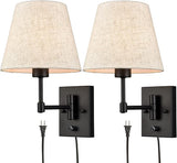 Gold Plug-in Wall Sconces Set of Two Beige Shade Brass Swing Arm Wall Lamp