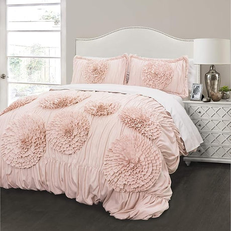 Serena Comforter Set, 3 Piece Set, Full/ Queen, Ivory - Ruched Ruffled Flower Design - Romantic Ruffle Bedding Set - Vintage Glam & Farmhouse Bedroom Decor