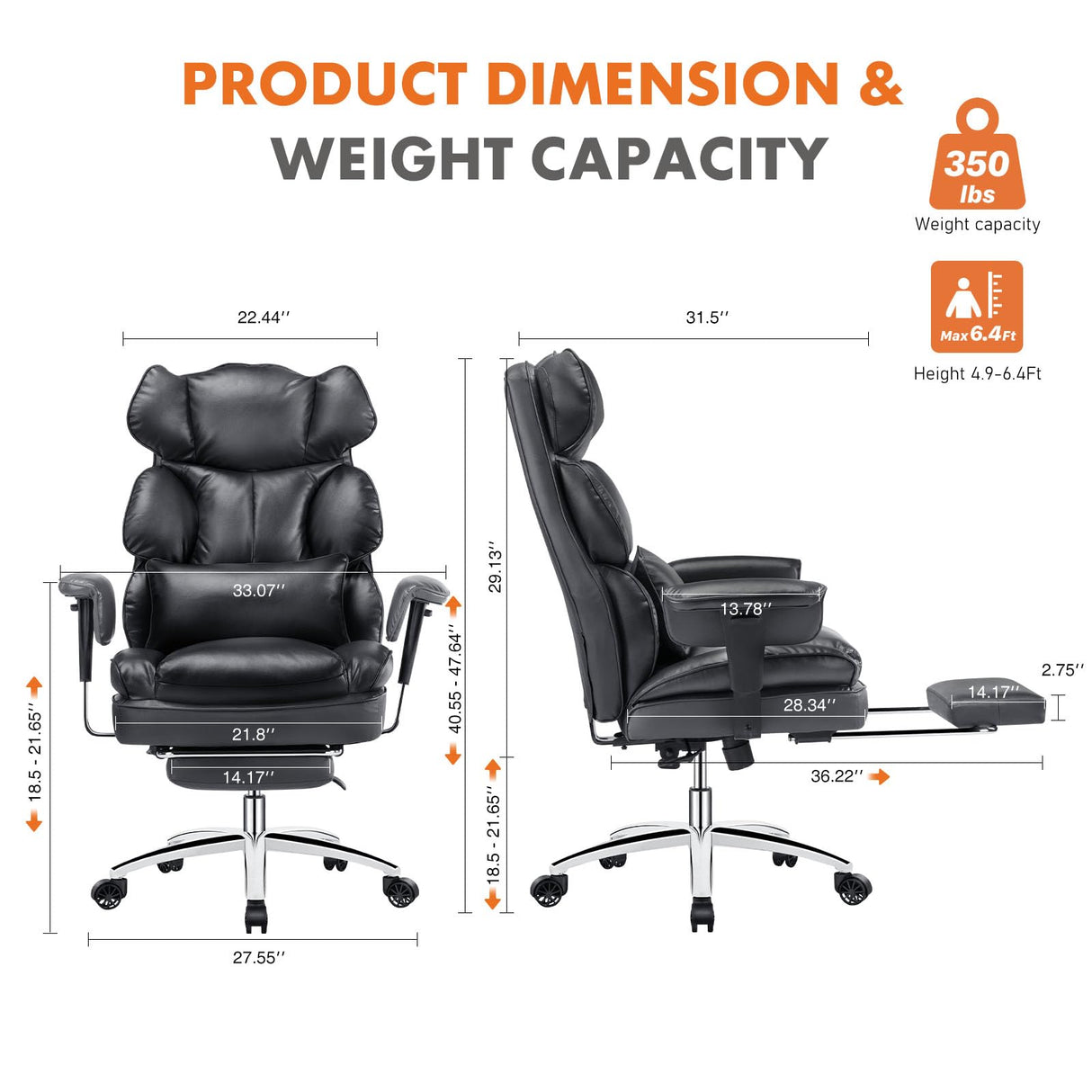 Home Office High Back Reclining Desk Chair with Footrest, Big and Tall Adjustable Height