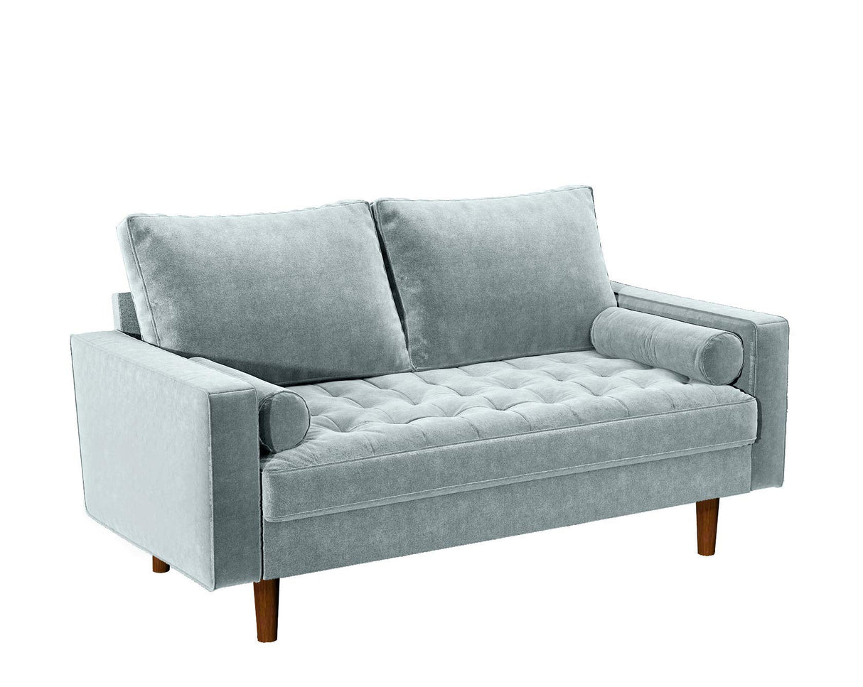 Womble 58 Inch Velvet Loveseat Sofa with Elegant Button Tufted Upholstery, Square Arms, Splayed Wood Legs, Includes Matching Bolster Pillows, Steel Blue