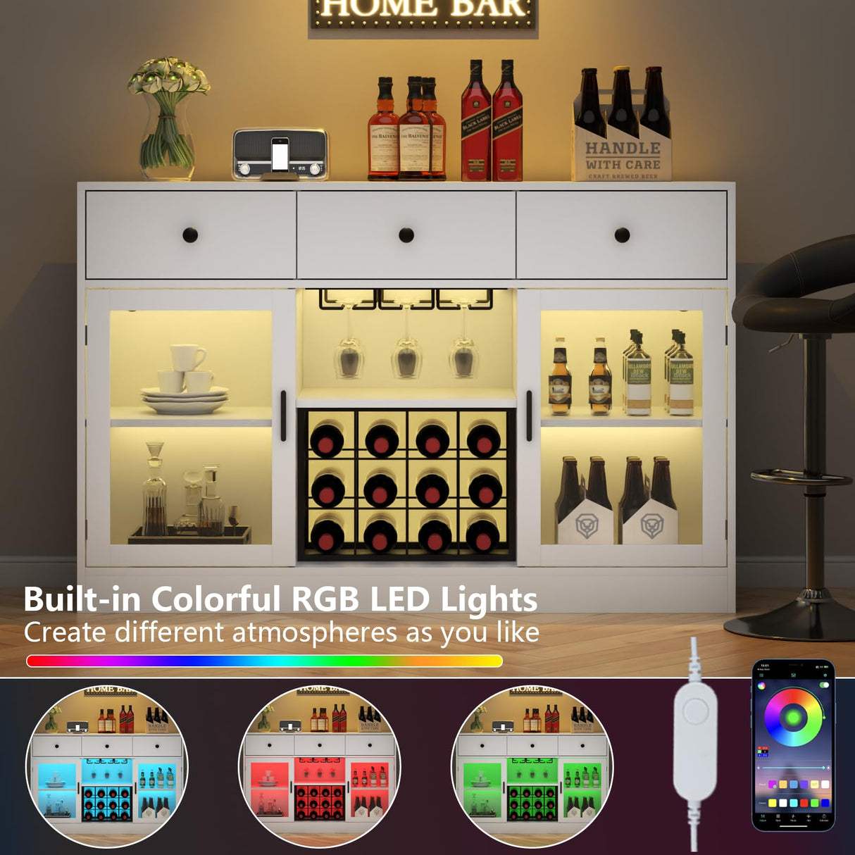 Wine Bar Cabinet with LED Light, Home Coffee Cabinet with Wine and Glass Rack