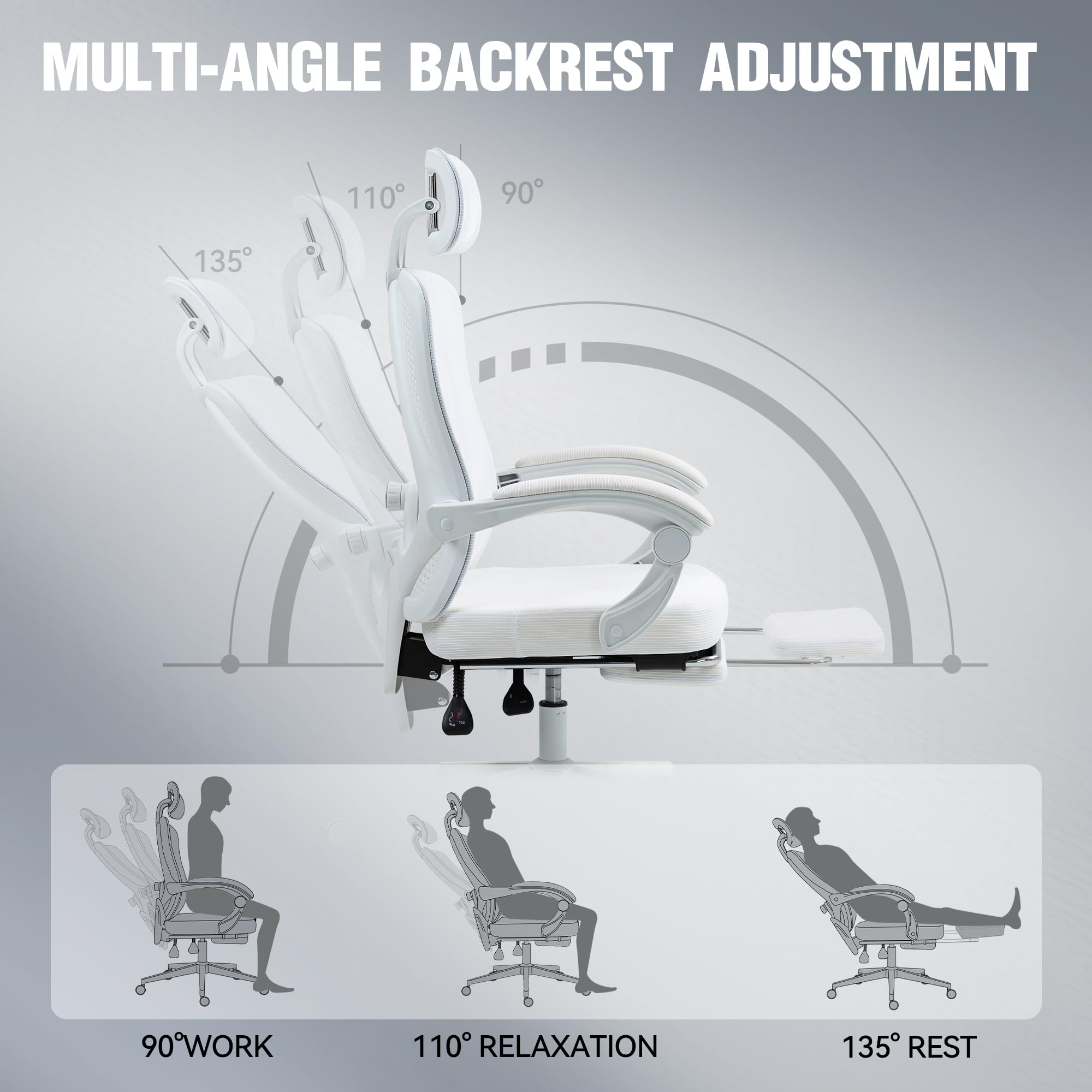 Dowinx Ergonomic Office Chair,Breathable Mesh Computer Chair with Pocket Spring Cushion,Comfy Desk Chair with Adjustable Lumbar Support and Headrest,Steel Base Swivel Task Chair with Footrest,White