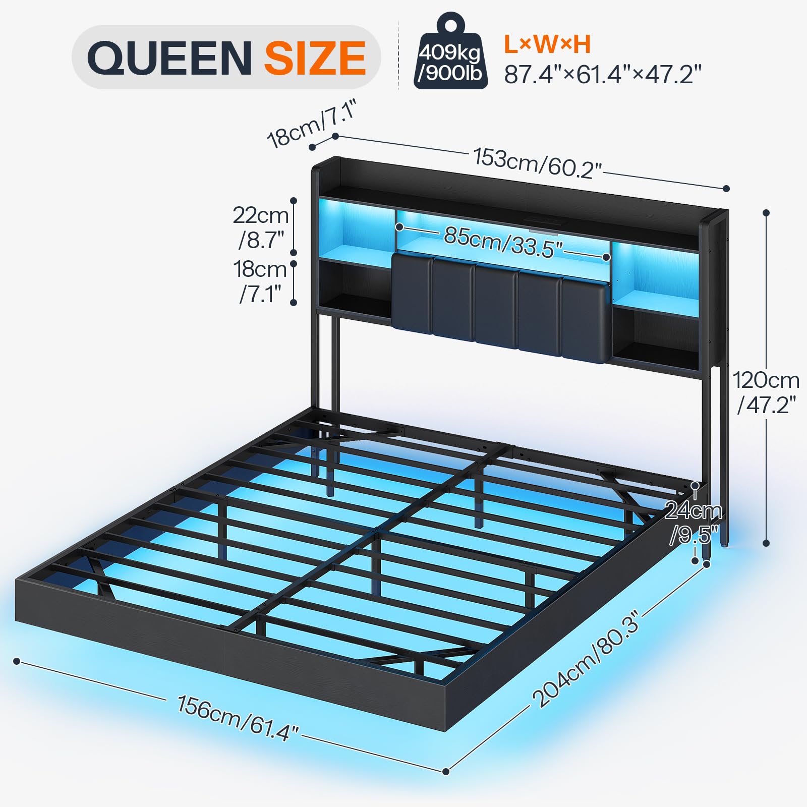 Queen Floating Bed Frame with LED Lights & Charging Station