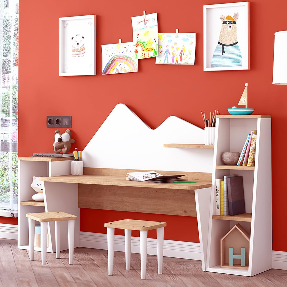 Study Desk with Bookshelf + 2 Stools for Ages 3-8, Wooden Children Activity Table