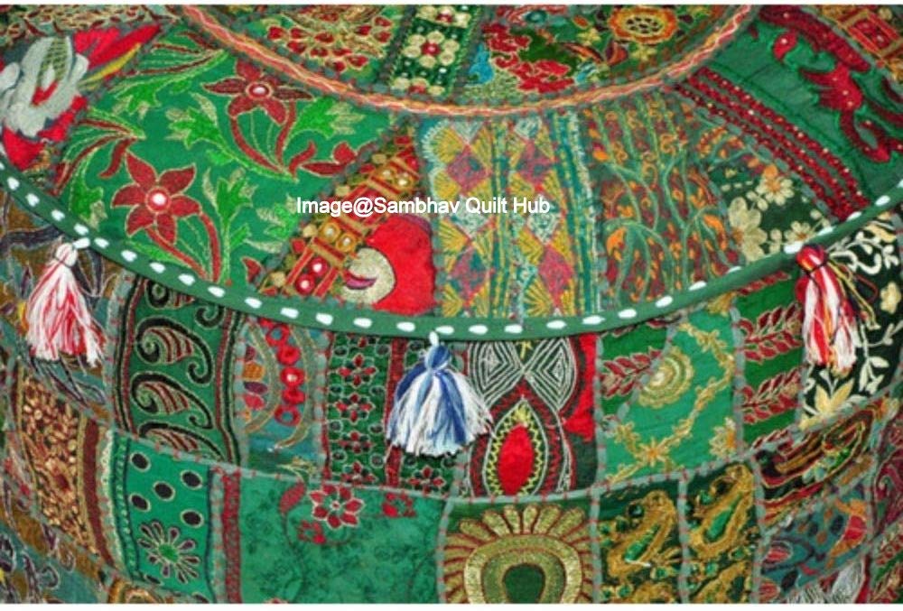 Green Pouffe Round Embroidery Vintage Ottoman Pouf Cover,Patchwork Ottoman, Living