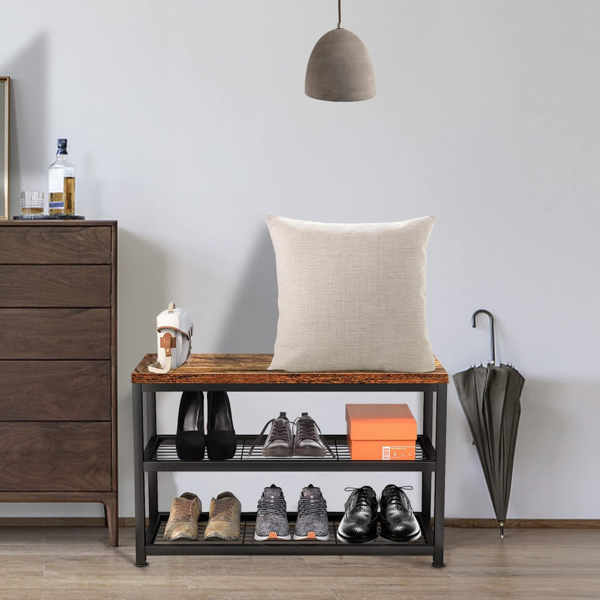 Shoe Storage Bench, Barrow Entryway Bench with Mesh Shelves Wood Seat