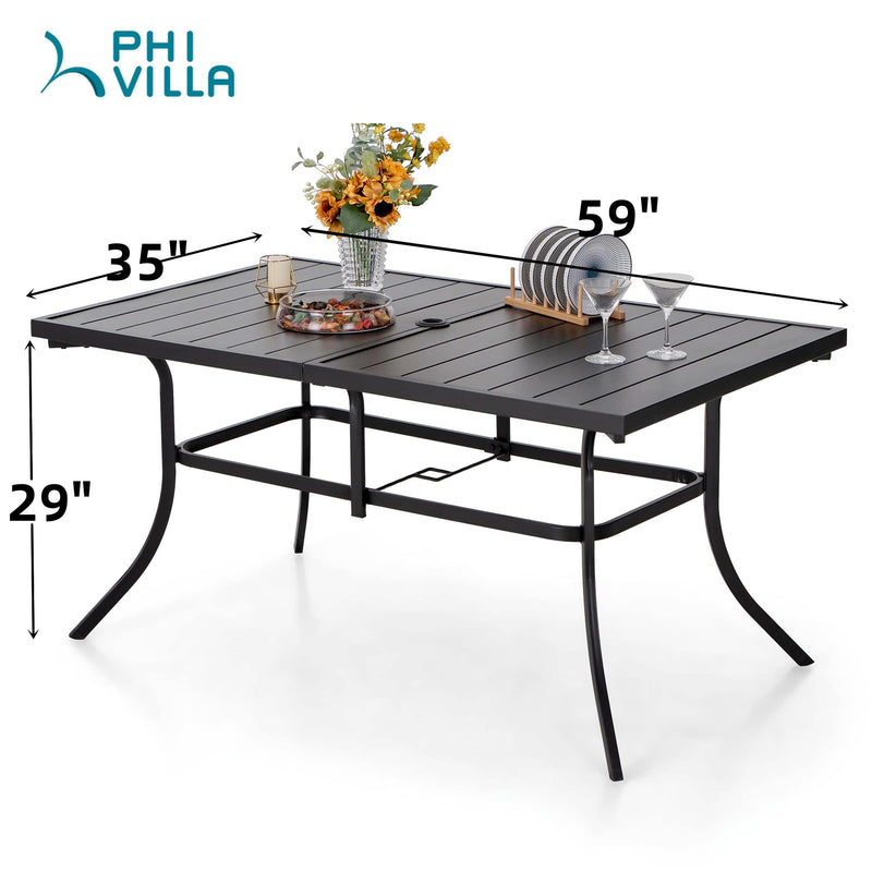 Metal Steel Slat Dining Rectangle Table with Adjustable Umbrella Hole