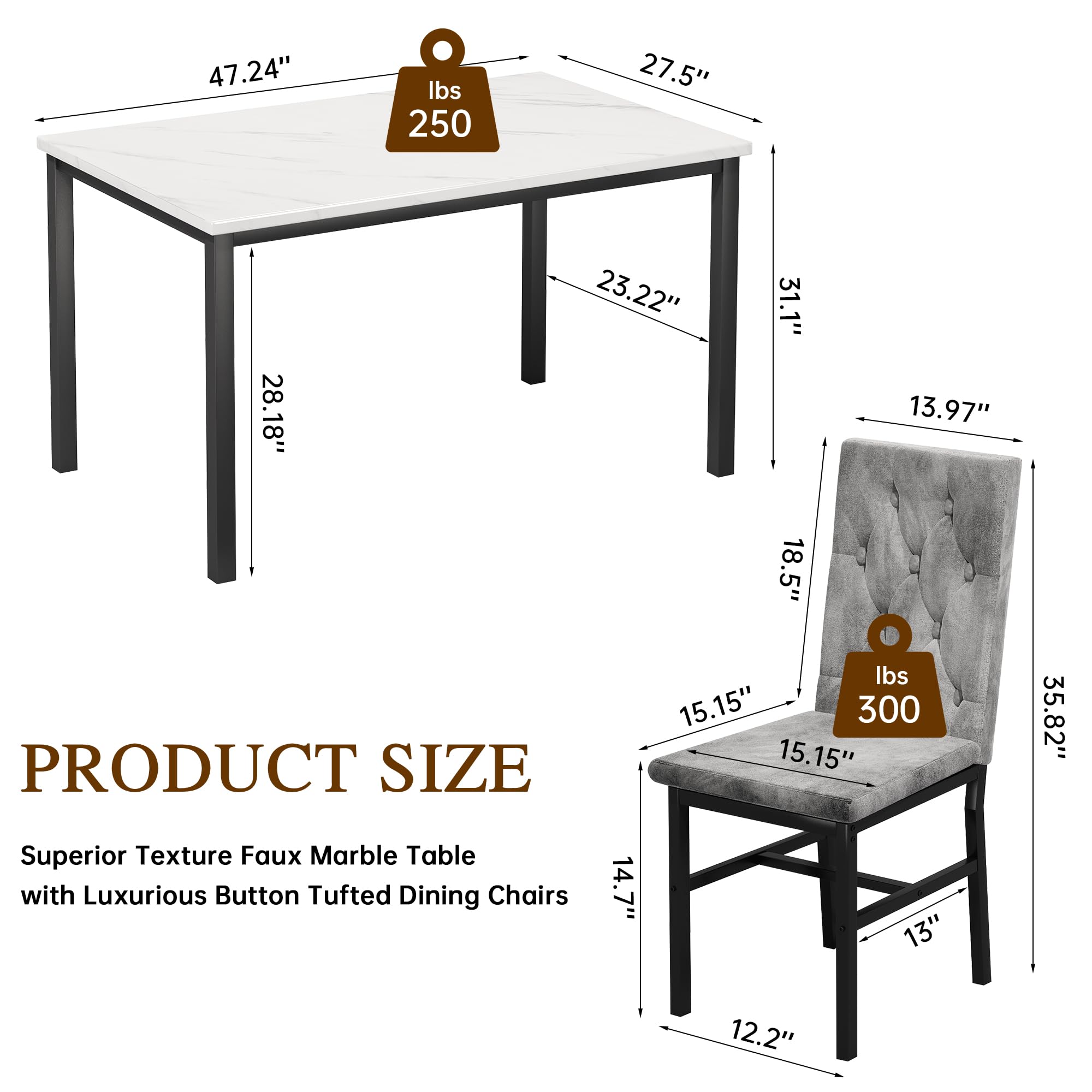 Faux Marble Dining Table Set with 4 Tufted Chairs