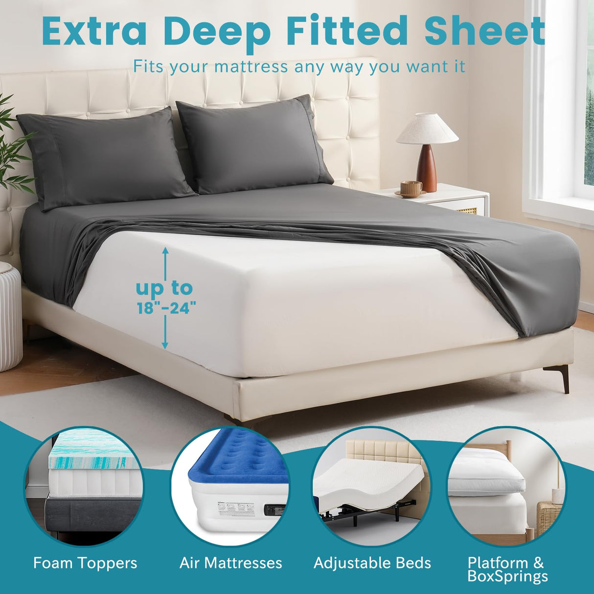 Extra Deep Pocket King Sheets 18-24 Inch-1000 Thread Count Egyptian Cotton Sheet Set-100%