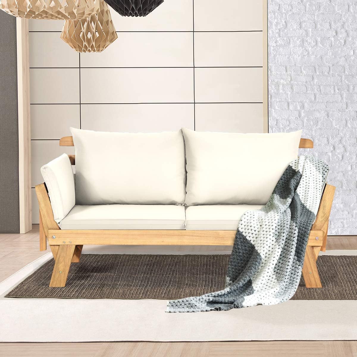 Acacia Wood Patio Convertible Couch Sofa Bed with Adjustable Armrest