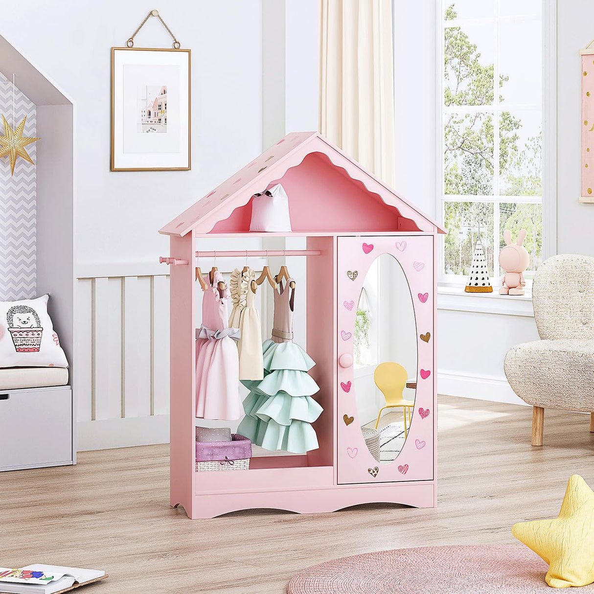 Kids Dress Up Storage with Mirror, Kids Wardrobe Closet, Dress Up Armoire for Little Girls